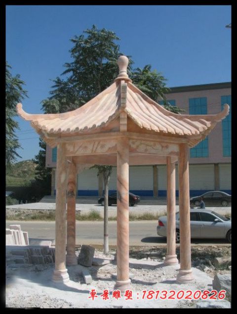 企业晚霞红六角凉亭石雕