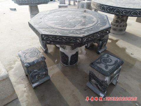 青石仿古牡丹浮雕石桌凳