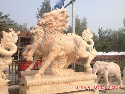 晚霞红祥云石雕麒麟