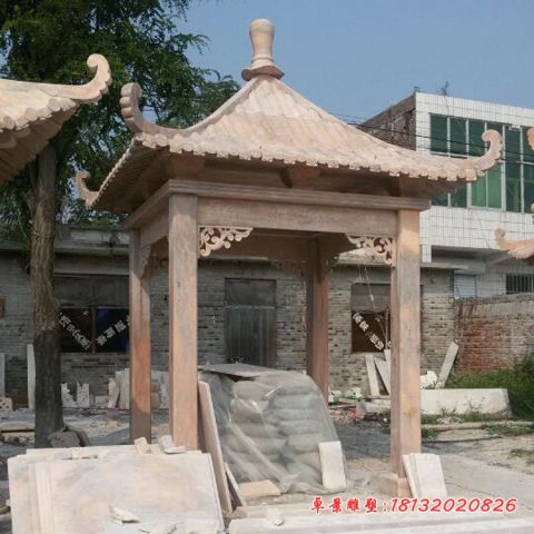 公园晚霞红四角凉亭石雕