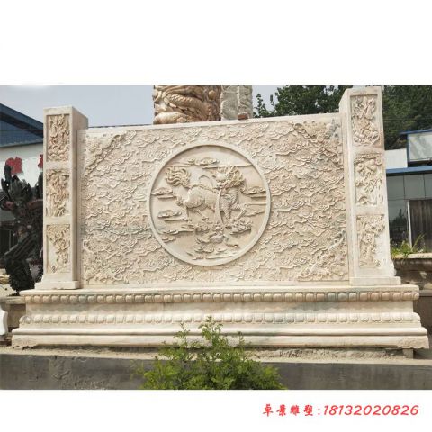 晚霞红祥云麒麟浮雕石影壁