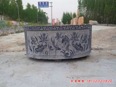 青石仿古莲花浮雕水缸石雕