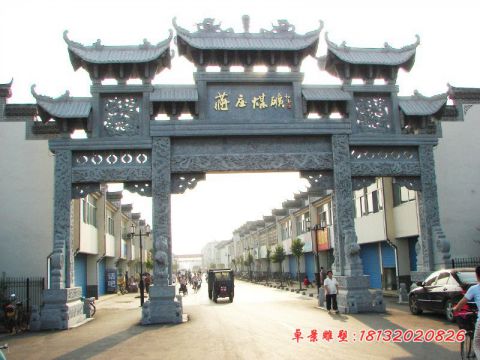 青石三门七楼街道牌坊石雕