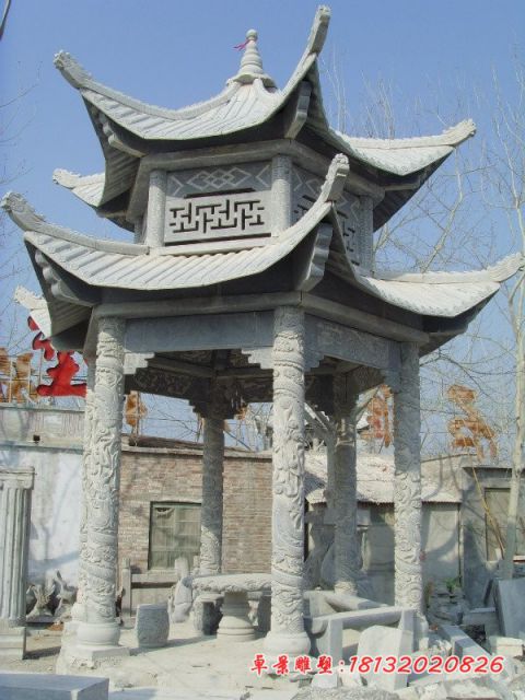 青石双层六角凉亭石雕