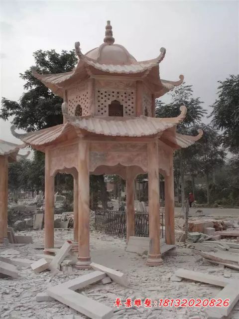 晚霞红六角双层圆顶石雕凉亭