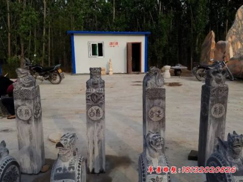 青石仿古四神兽拴马柱