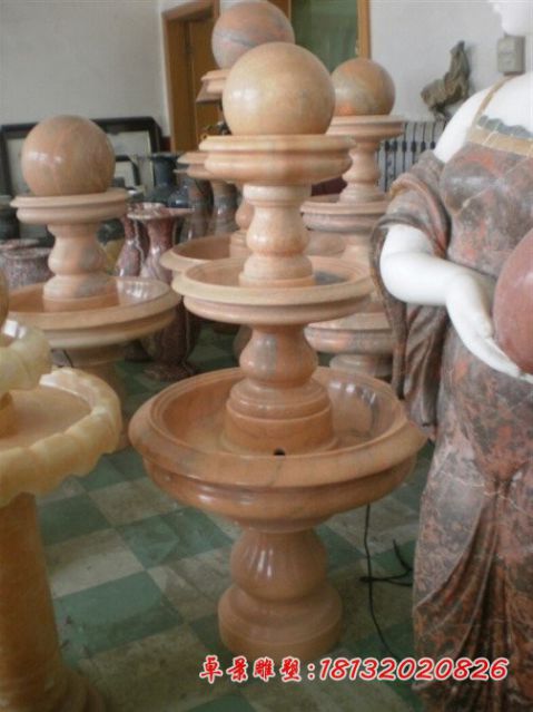 晚霞红三层小型风水球石雕