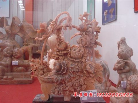 晚霞红牡丹花篮石雕