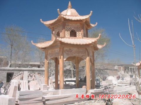 晚霞红双层石雕亭子