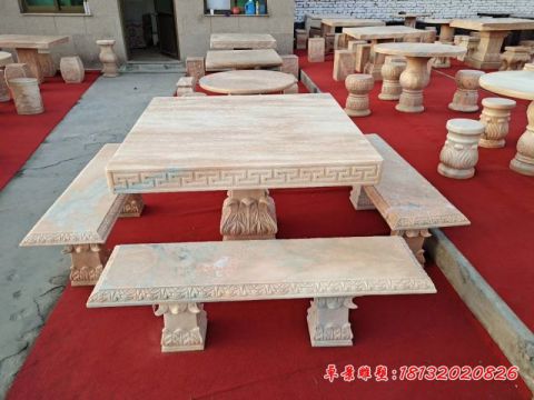 庭院晚霞红方形桌凳石雕