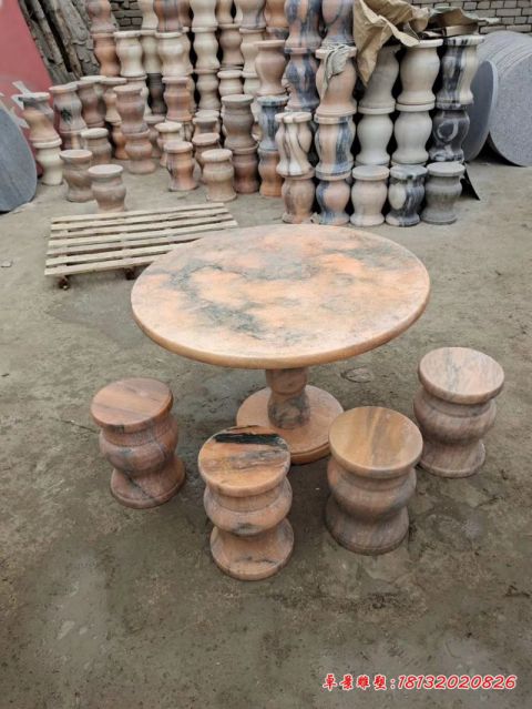 公园晚霞红圆形桌凳石雕
