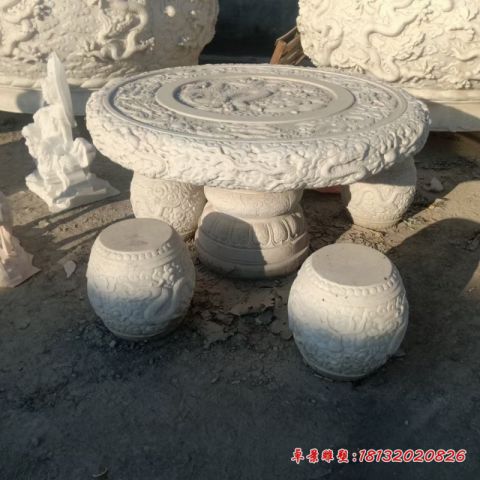 汉白玉龙浮雕石桌凳