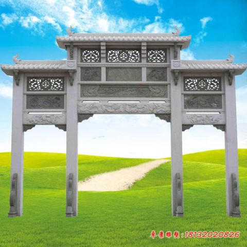 花岗岩三门三楼牌坊石雕