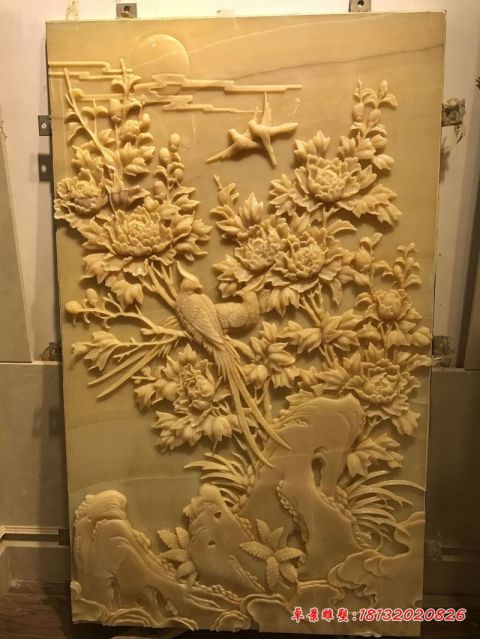 小区牡丹喜鹊石浮雕