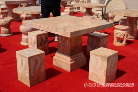 庭院晚霞红方形石雕桌凳