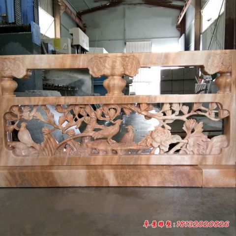 晚霞红花鸟浮雕石栏板