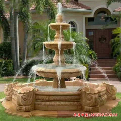 别墅晚霞红石雕三层喷泉