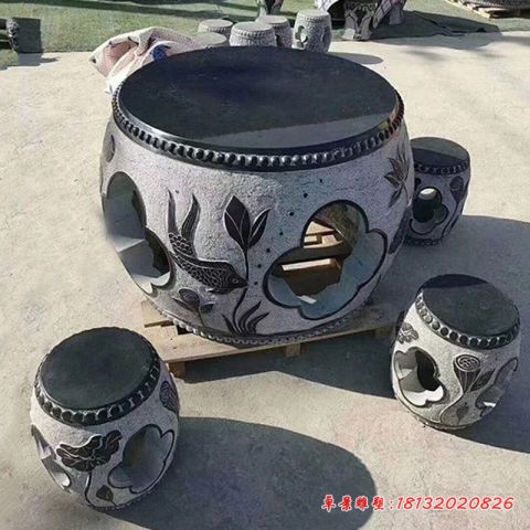 荷花鲤鱼浮雕石桌凳