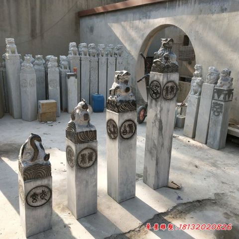 四大神兽仿古拴马柱石雕