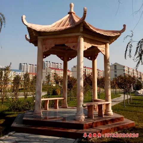 石雕公园晚霞红凉亭