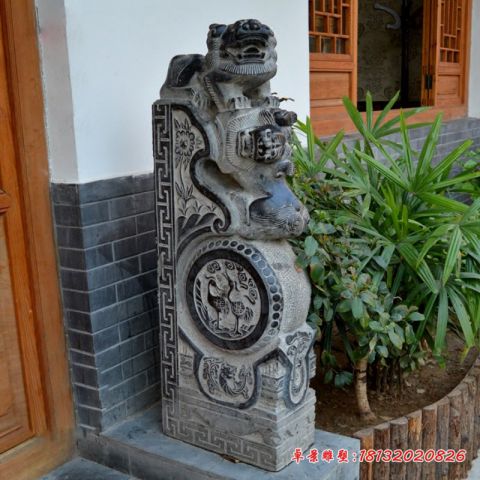 青石仿古仙鹤浮雕石门墩