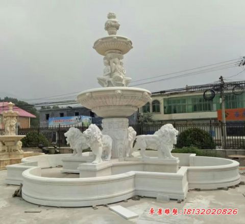 汉白玉双层狮子喷泉石雕