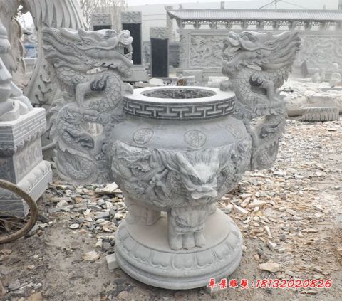 寺庙三足龙浮雕香炉石雕