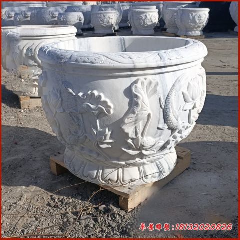 汉白玉鲤鱼荷花浮雕石水缸