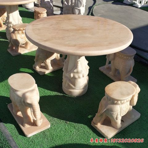 庭院晚霞红大象石桌凳雕塑