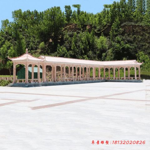 园林晚霞红带顶长廊石雕