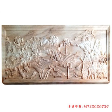 晚霞红荷花鲤鱼壁画石浮雕