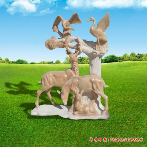 晚霞红梅花鹿仙鹤石雕