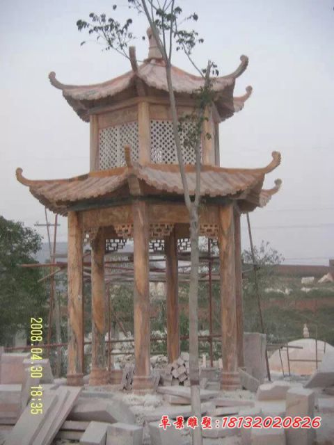 公园晚霞红双层石凉亭