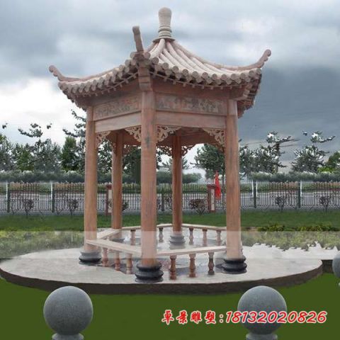 晚霞红六角单层凉亭石雕