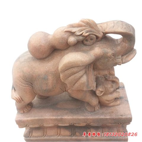晚霞红母子象石雕
