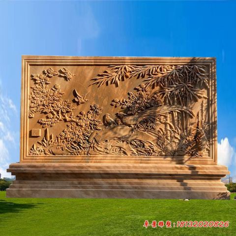 晚霞红竹子壁画石浮雕