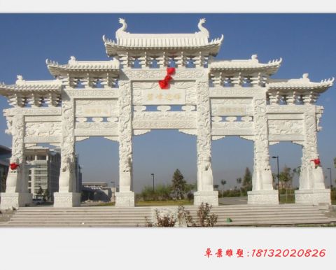 景区汉白玉龙浮雕五门牌坊石雕