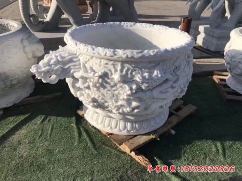 汉白玉龙头浮雕石水缸