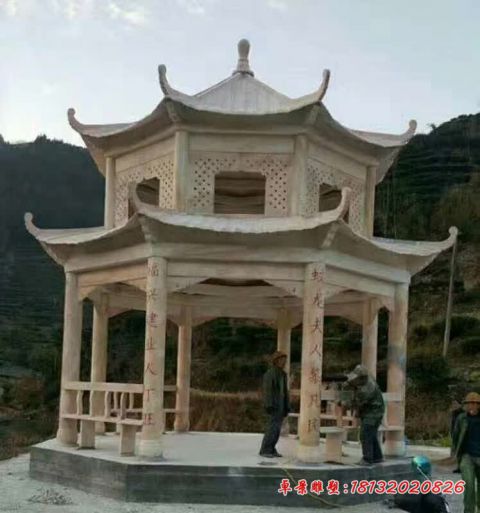 景区晚霞红八角凉亭石雕