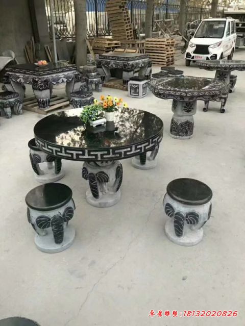 青石大象浮雕桌凳石雕