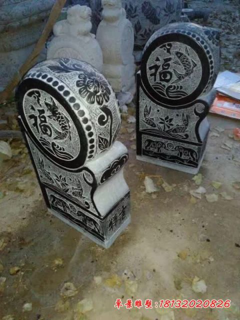 门前青石仿古鲤鱼福字浮雕门墩