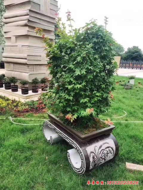 青石仿古兰花浮雕石花盆