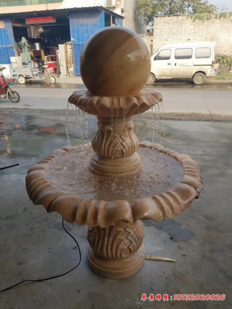 小区晚霞红双层石雕风水球