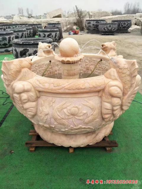 晚霞红鲤鱼水缸石雕