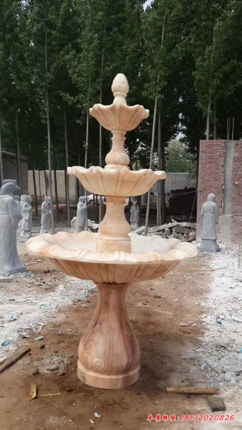 三层晚霞红小型喷泉石雕