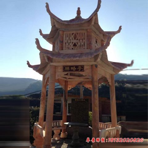 公园六角双层石雕凉亭