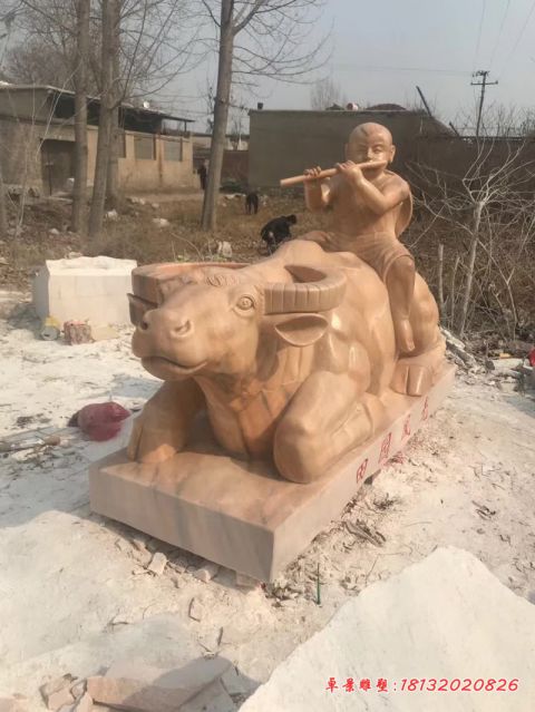 晚霞红卧姿牧童牛石雕