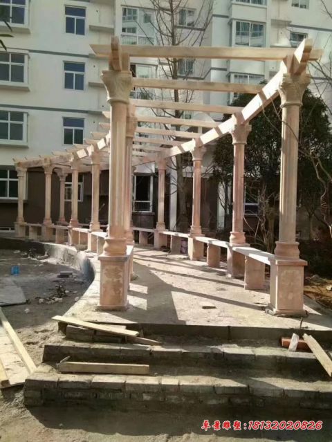 公园晚霞红长廊走廊石雕