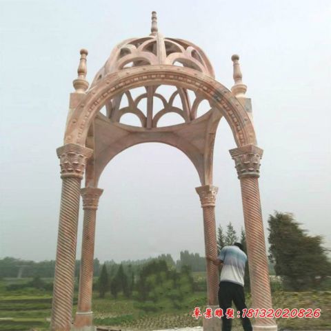 晚霞红圆顶四柱凉亭石雕