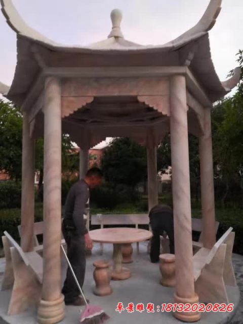 校园晚霞红六角凉亭石雕